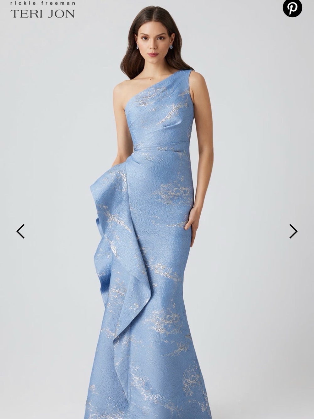 Teri Jon One-Shoulder Sky Blue Jacquard Gown with Gold Accents
